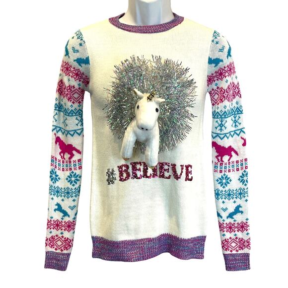 No Boundaries BELIEVE 3D Stuffed Unicorn Ugly Christmas Sweater Size Small - Picture 1 of 5